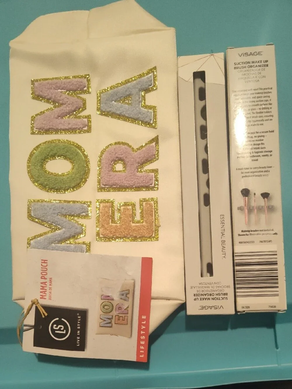 Glitter 'MOM ERA' Makeup Bag - Cream with Multicolor Glitter
